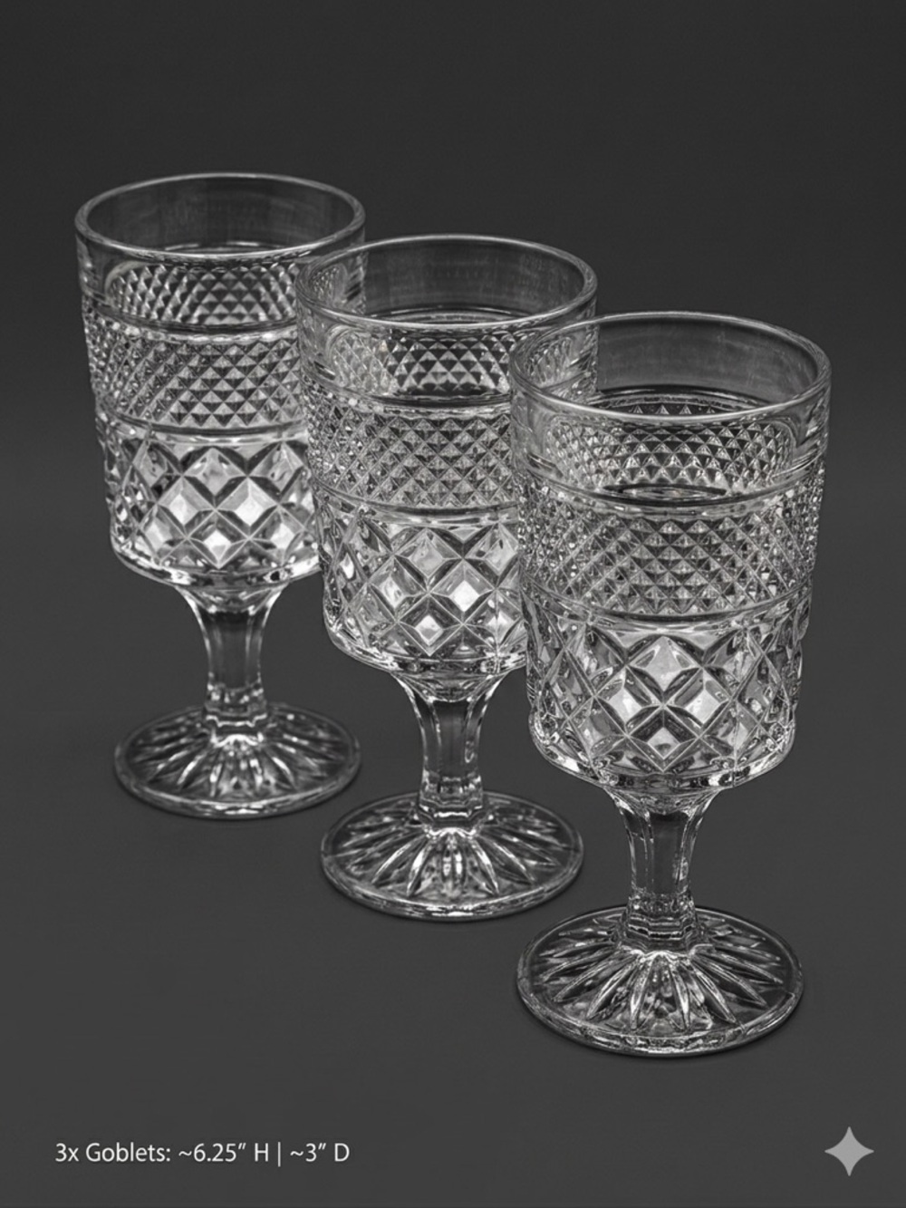 Vintage Clear Cubist Diamond Cut Footed Wine Water Goblets Set of 3